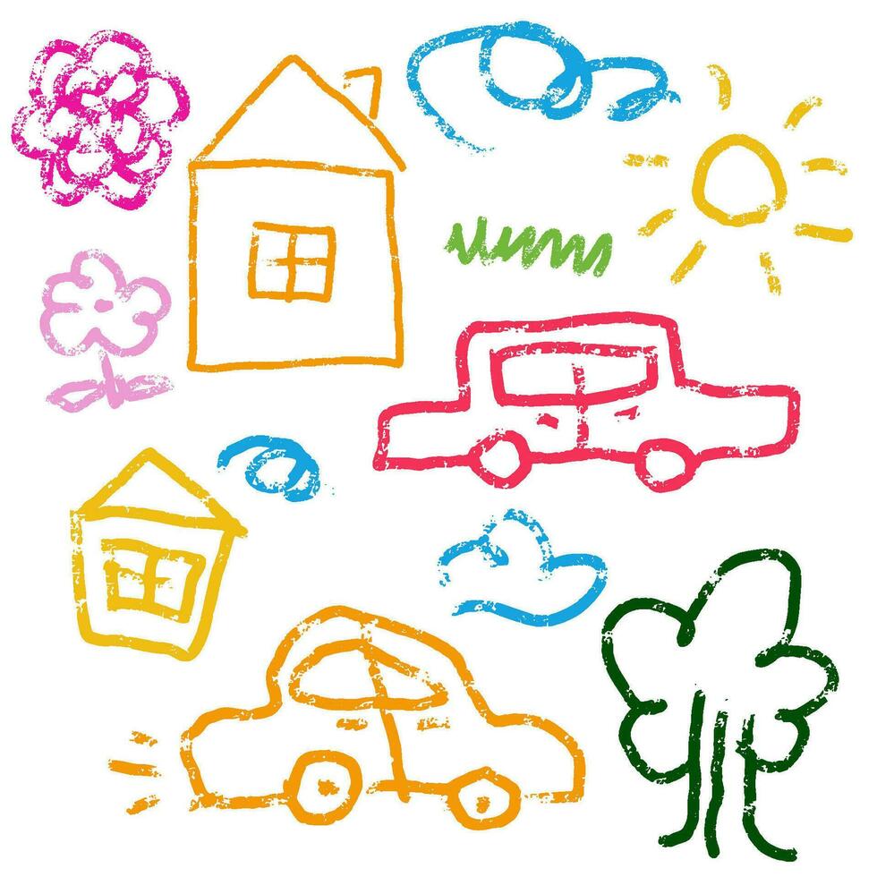 Children funny simple drawings with wax crayon. Kids doodle drawing, children hand drawn house, car, tree, sun, flower and clouds pastel pencil doodle vector illustration