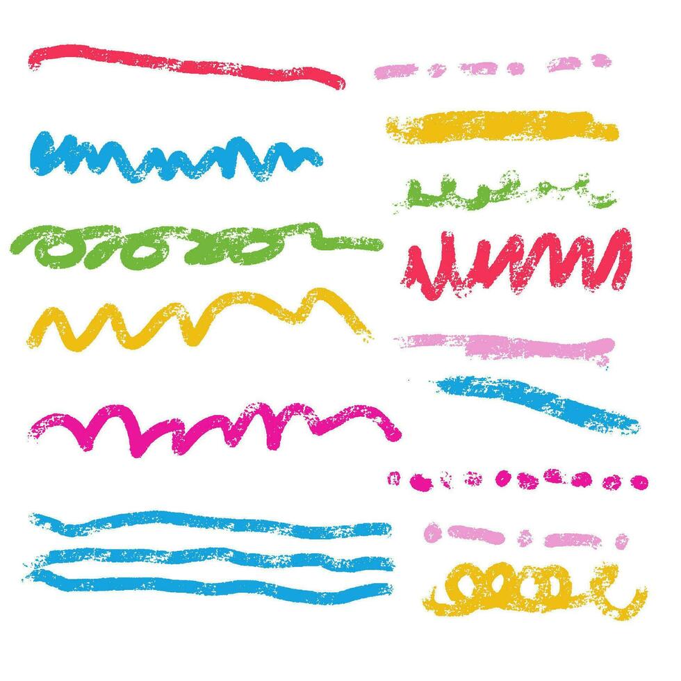 Charcoal pencil curly strokes - lines, squiggles and shapes. Grunge hand drawn pen scribbles collection. Vector pencil lines and doodles. Bright color charcoal or chalk drawing. Rough crayon stroke.