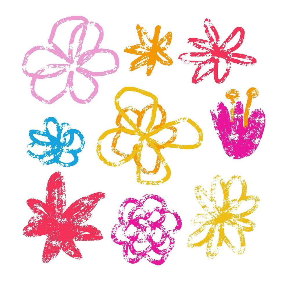 Head of a flowers wax crayon collection. Children drawling style color flower set. Hand drawn wax crayons art on white background. Isolated chalk style icons. Freehand colorful flower clip art. vector