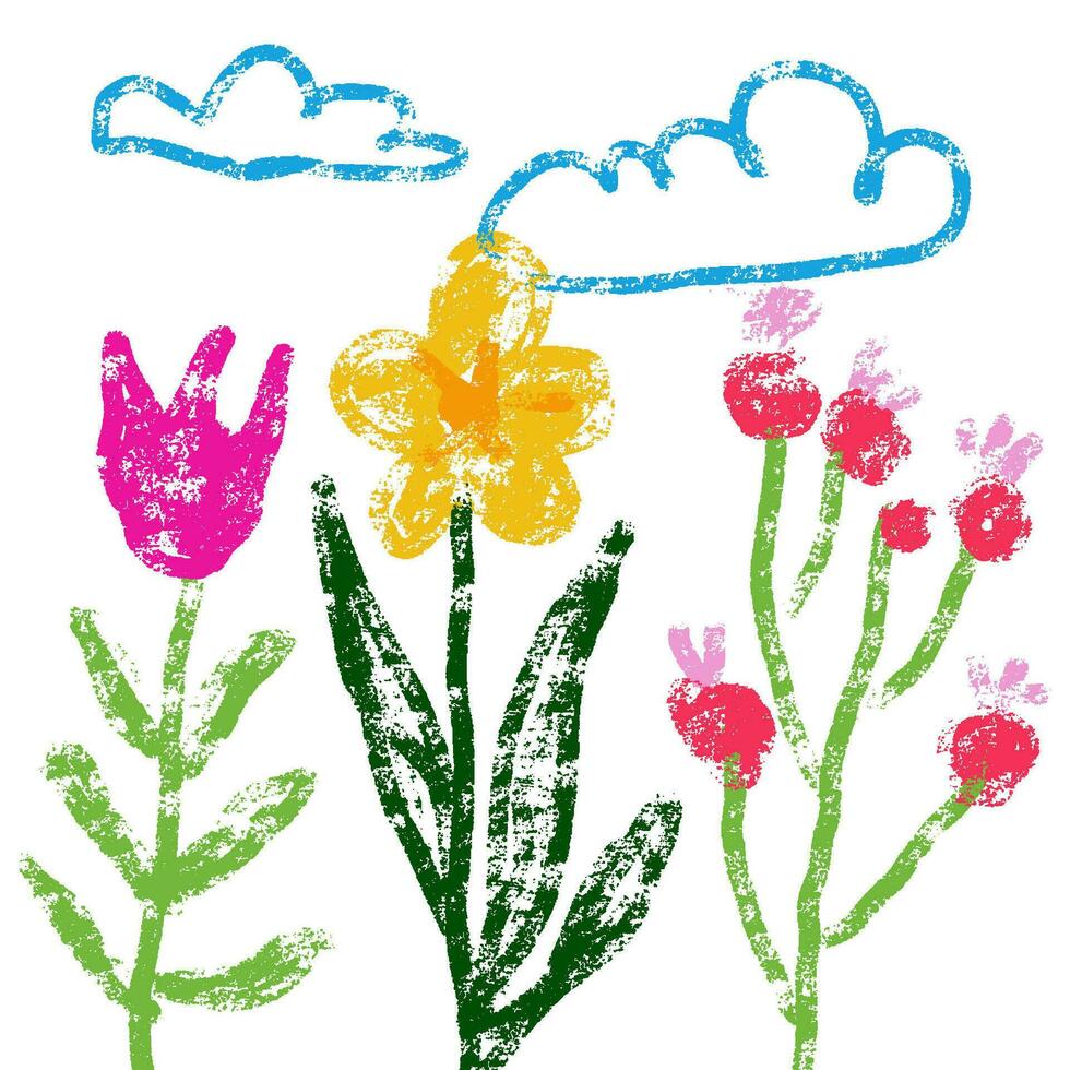 Cute rough kid's drawing flowers illustration drawn with color wax crayons. Vector illustration