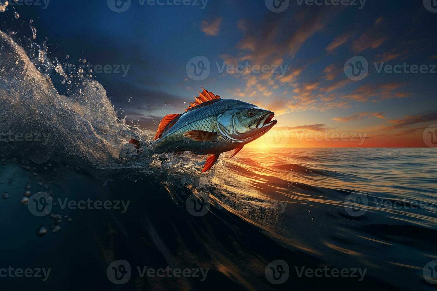 AI generated Fish Jumping Out of Sea Water with Sky View at Sunset photo