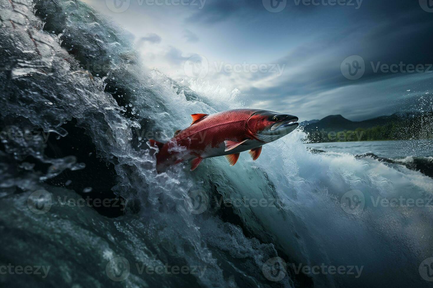 ai generado rojo salmón pescado saltando fuera de mar agua olas foto