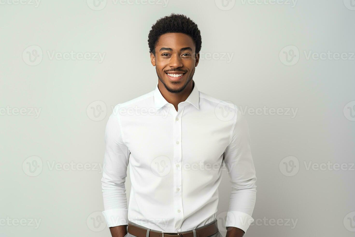 AI generated black man looking at phone standing isolated on white background photo