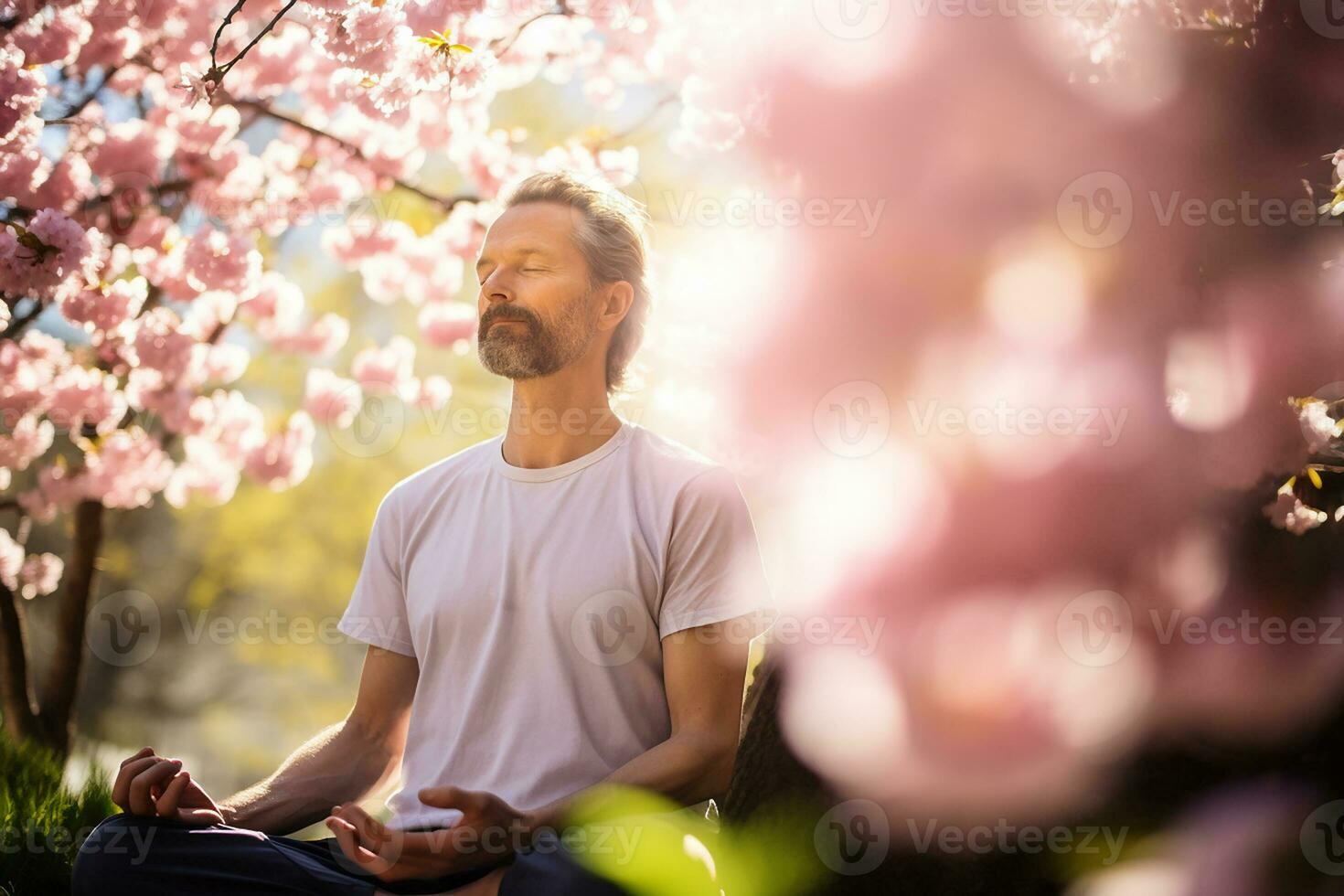 AI generated a man meditate and sitting outdoors in park photo