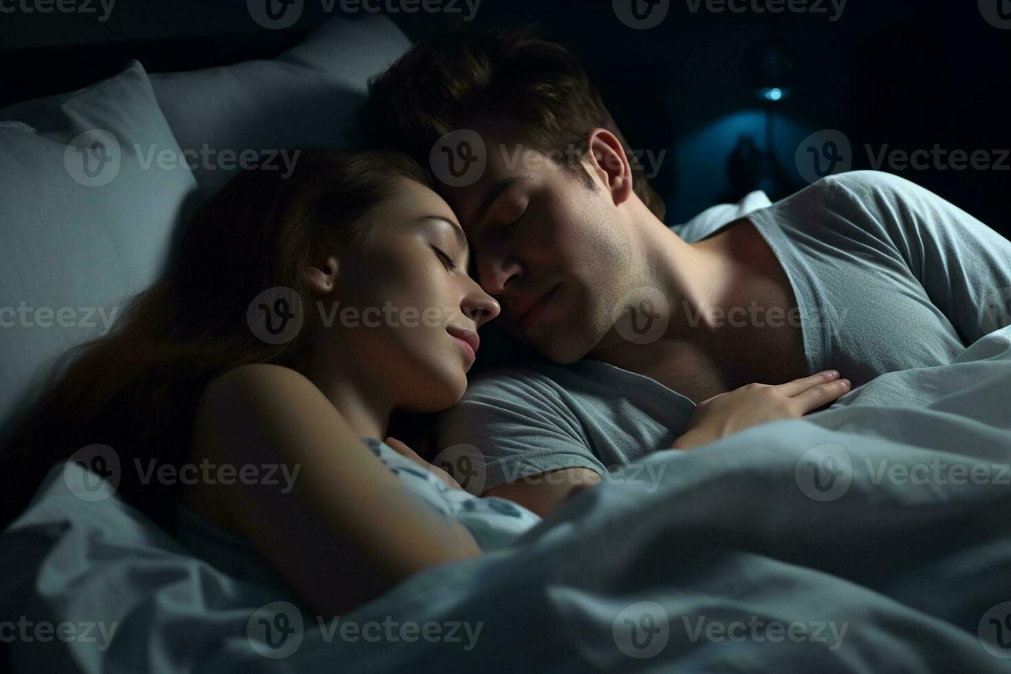 AI generated beautiful brunette girl and guy lying on bed photo