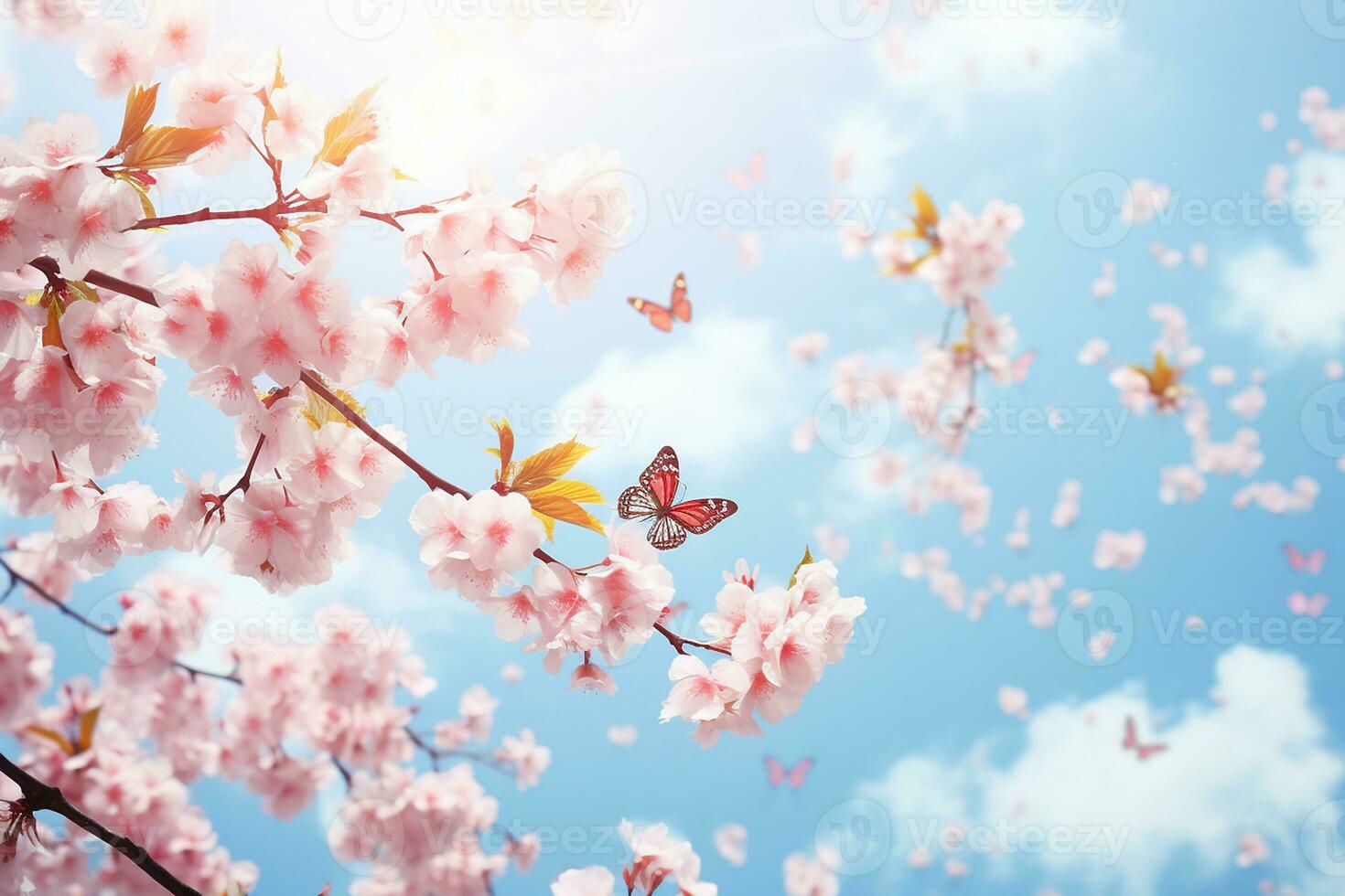 AI generated blossoming cherry against background of blue sky and butterflies on nature outdoors. Pink sakura flowers, dreamy romantic image spring, landscape panorama, copy space photo