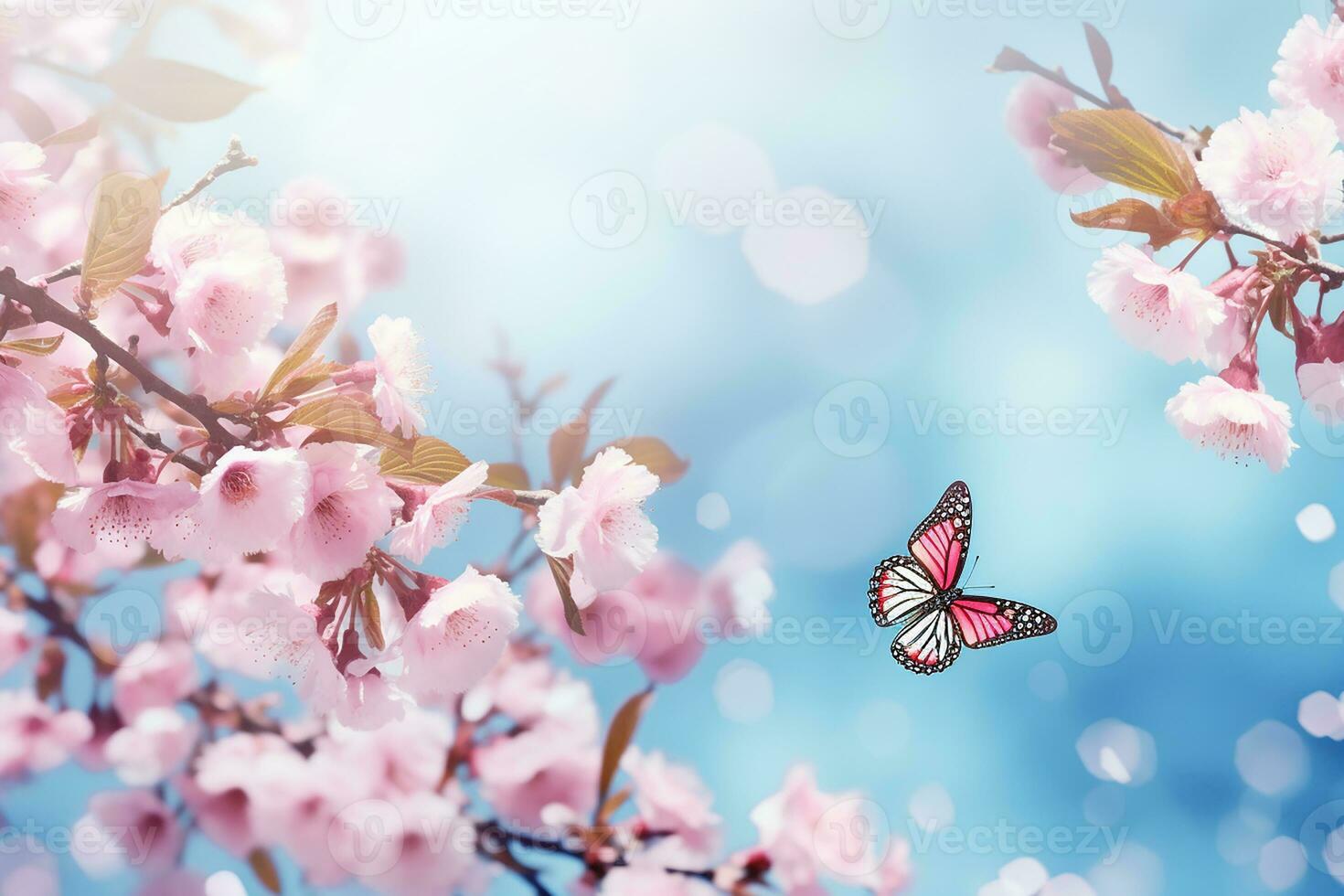 AI generated blossoming cherry against background of blue sky and butterflies on nature outdoors. Pink sakura flowers, dreamy romantic image spring, landscape panorama, copy space photo