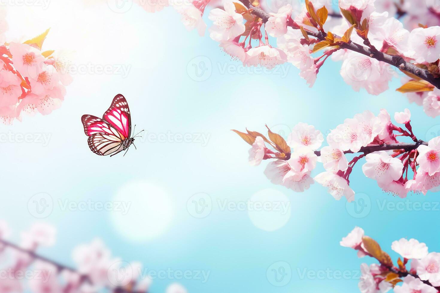 AI generated blossoming cherry against background of blue sky and butterflies on nature outdoors. Pink sakura flowers, dreamy romantic image spring, landscape panorama, copy space photo