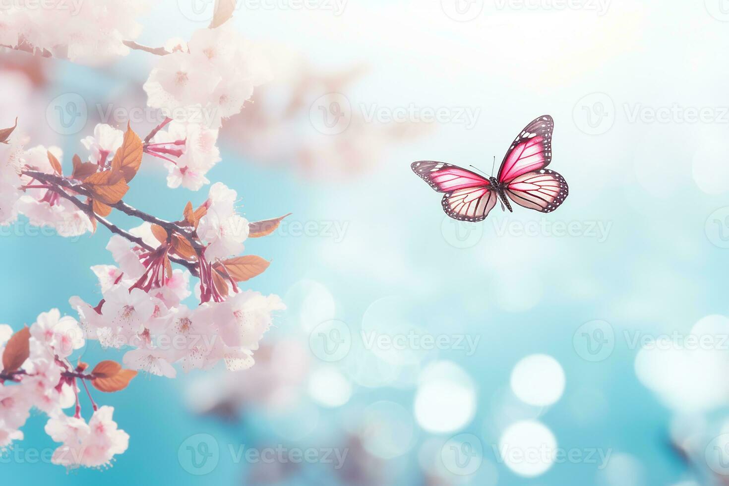 AI generated blossoming cherry against background of blue sky and butterflies on nature outdoors. Pink sakura flowers, dreamy romantic image spring, landscape panorama, copy space photo