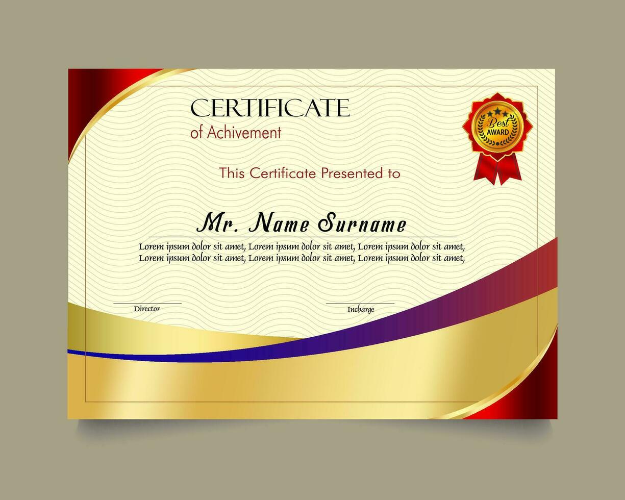 certificado de logro modelo conjunto con oro Insignia y borde, apreciación y logro certificado modelo diseño. elegante diploma certificado modelo vector