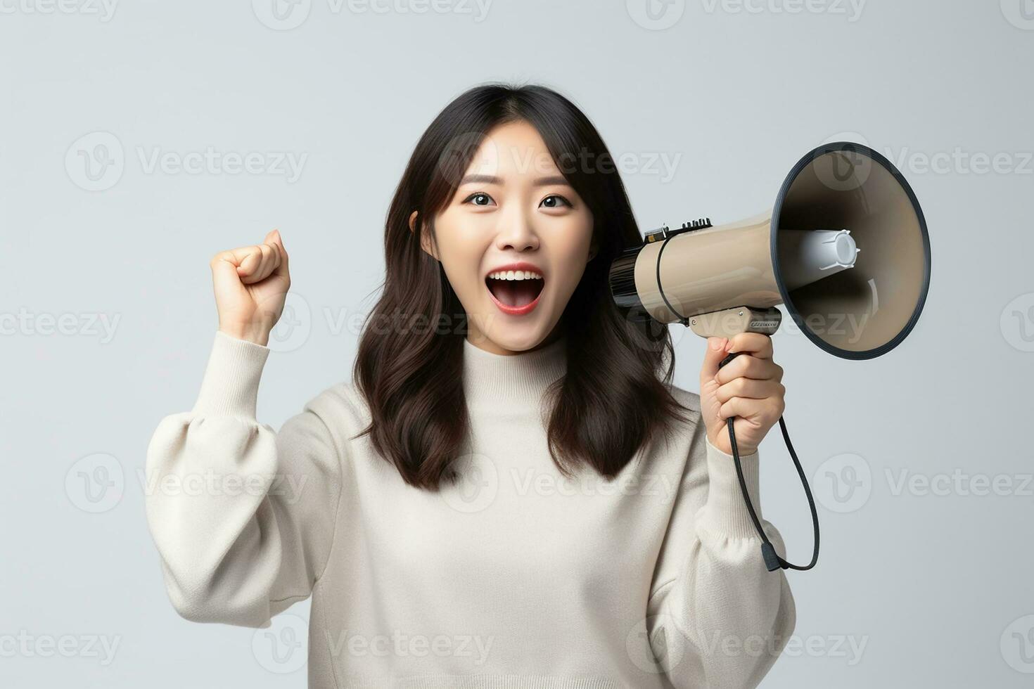 AI generated Joyful Asian women with loudspeaker on isolated background photo