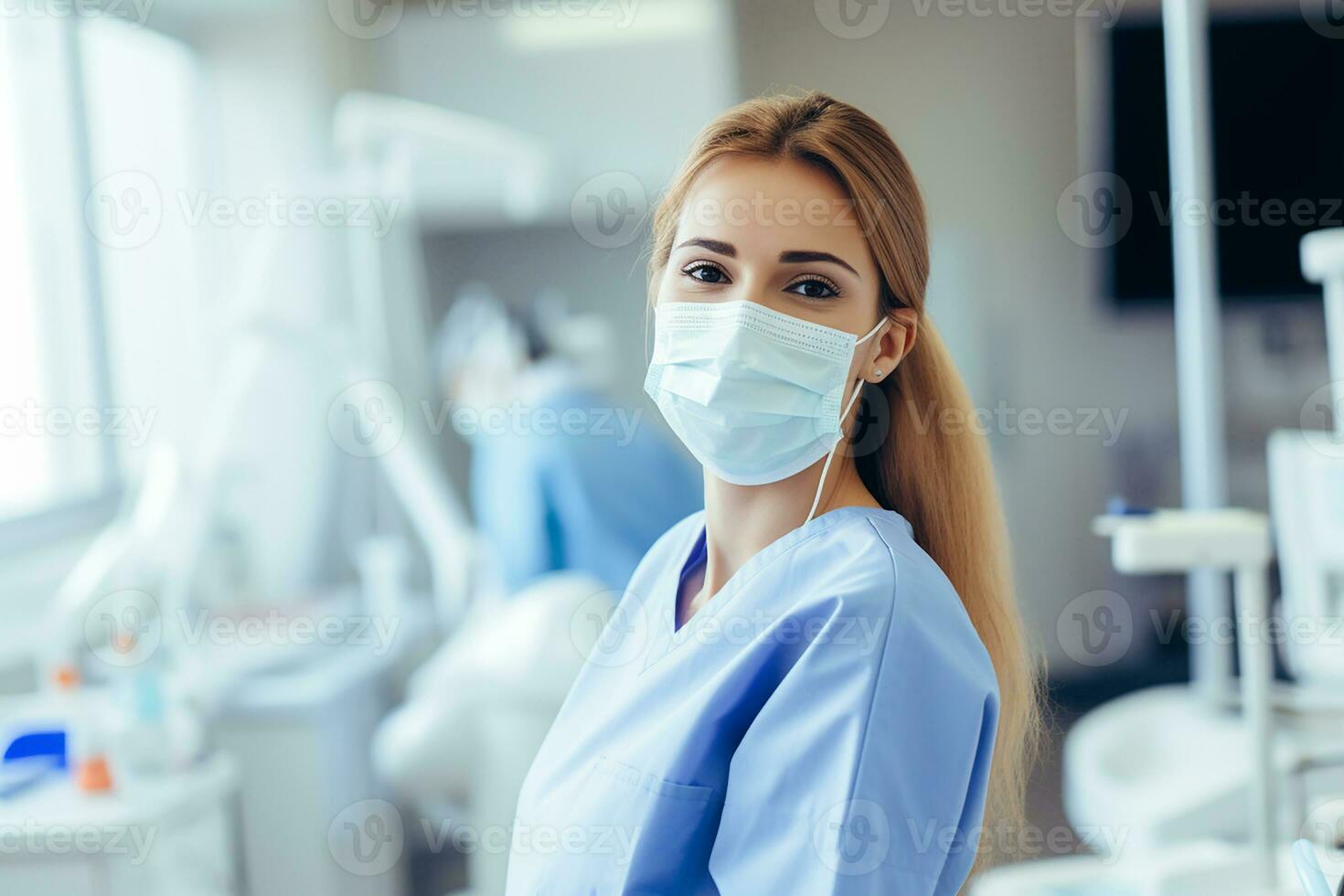 ai generado hembra dentista vistiendo máscara en dental clínica foto