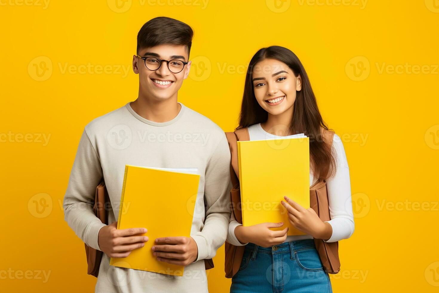 AI generated Young hispanic teenagers student using holding books at isolated background photo