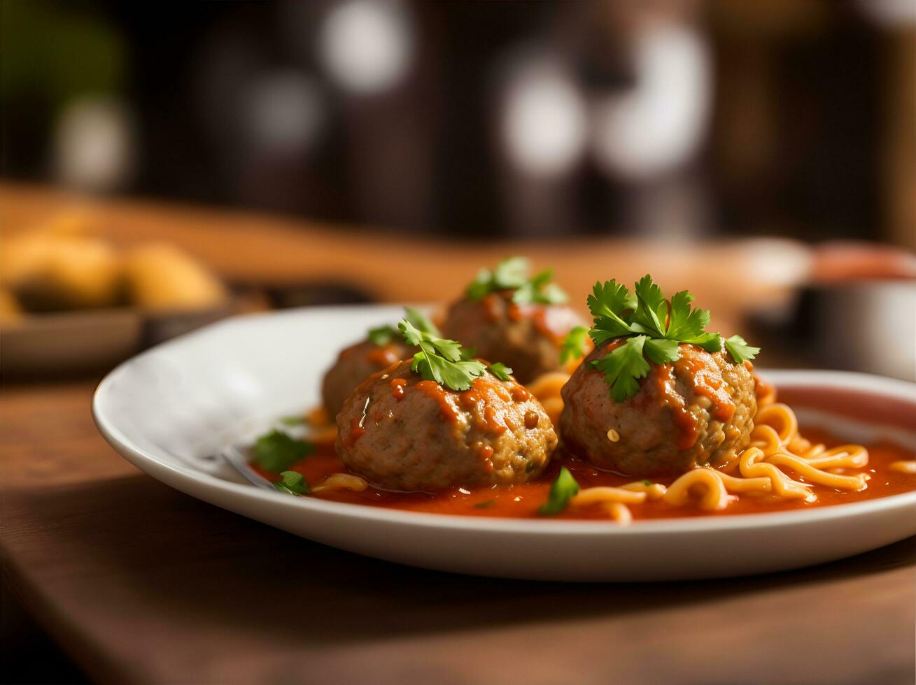 AI generated Meatballs that look delicious against a blurred background, AI generated photo