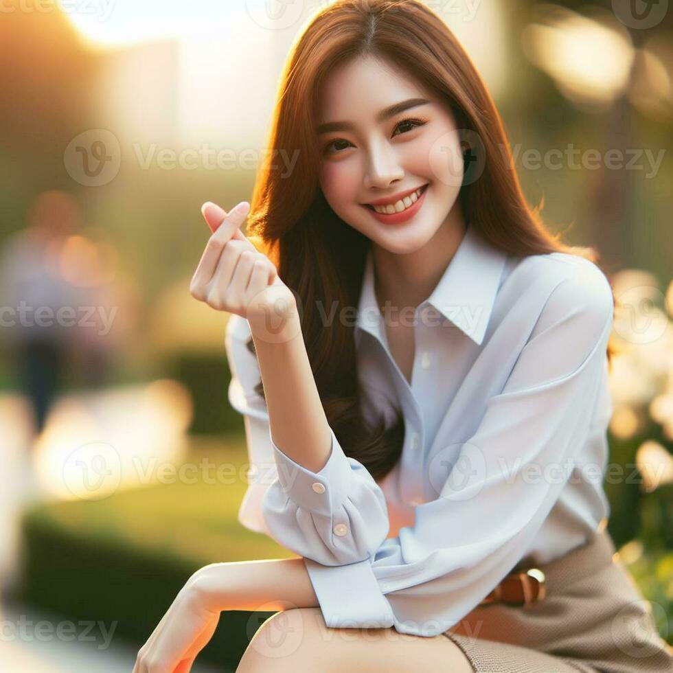 AI generated a female model poses showing a love symbol with her hands, blurred background. AI generated photo