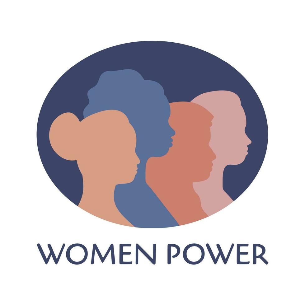 Women Power. Group of girls of different ethnicities and cultures together. Silhouettes of women in profile. March 8 celebration. Trendy vector poster illustration