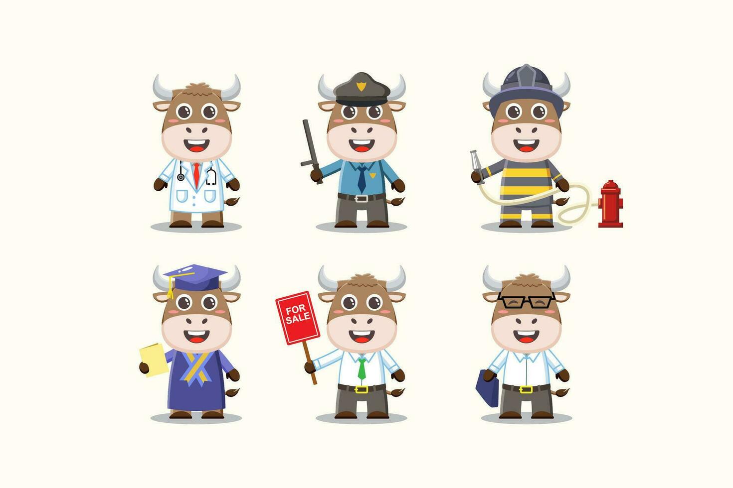 cute buffalo doctor, police, fireman, education, sales characters isolated cartoon illustration vector
