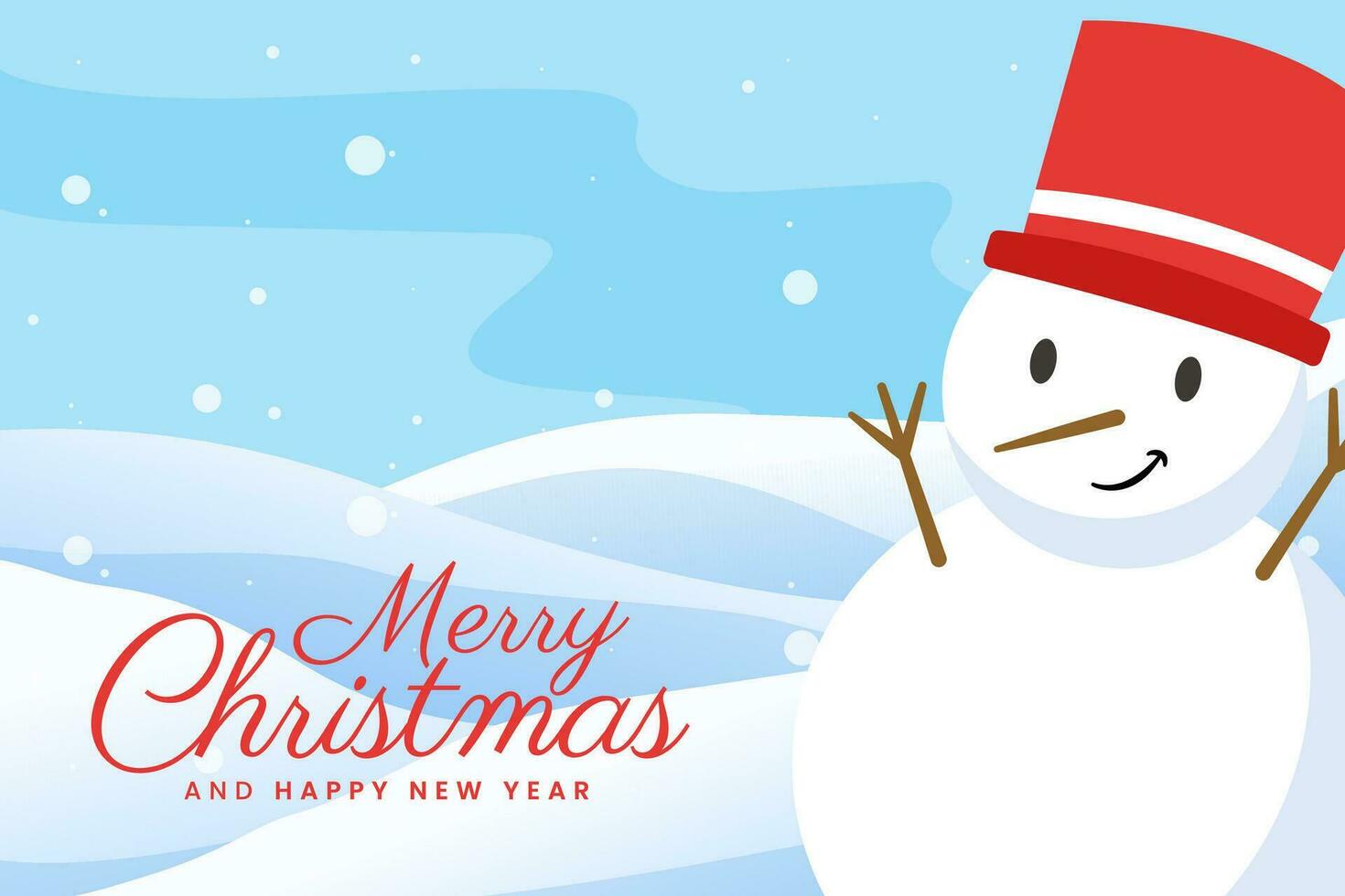 Christmas greetings banner with snowman wearing red hat character on winter landscape background vector