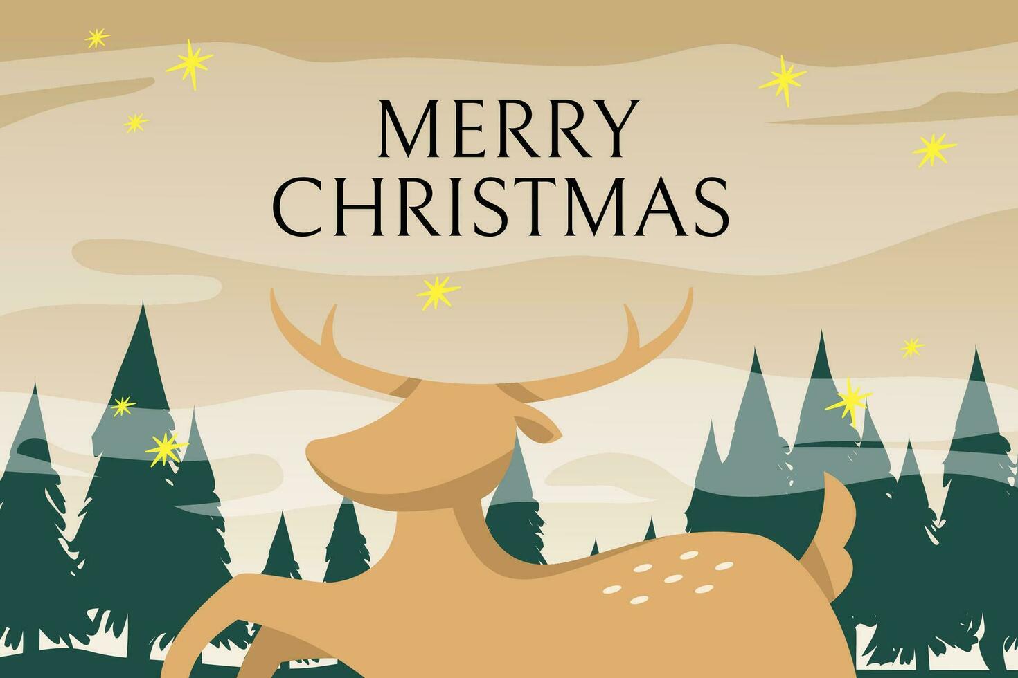 Christmas greetings banner with deer on pine forest and winter landscape background vector