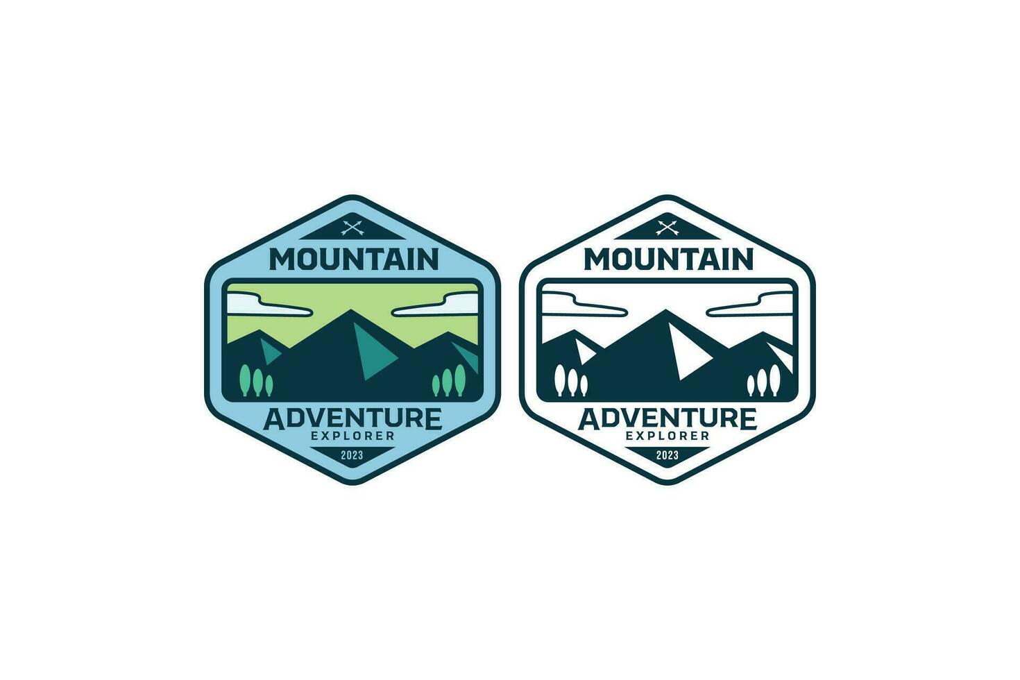 montaña nacional parque aventuras logo diseño con hexágono marco para deporte y aventuras vector