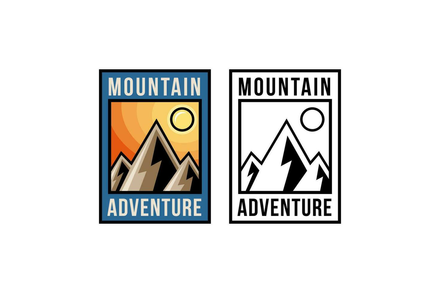 montaña aventuras logo diseño con soleado clima en rectángulo marco para deporte y aventuras vector