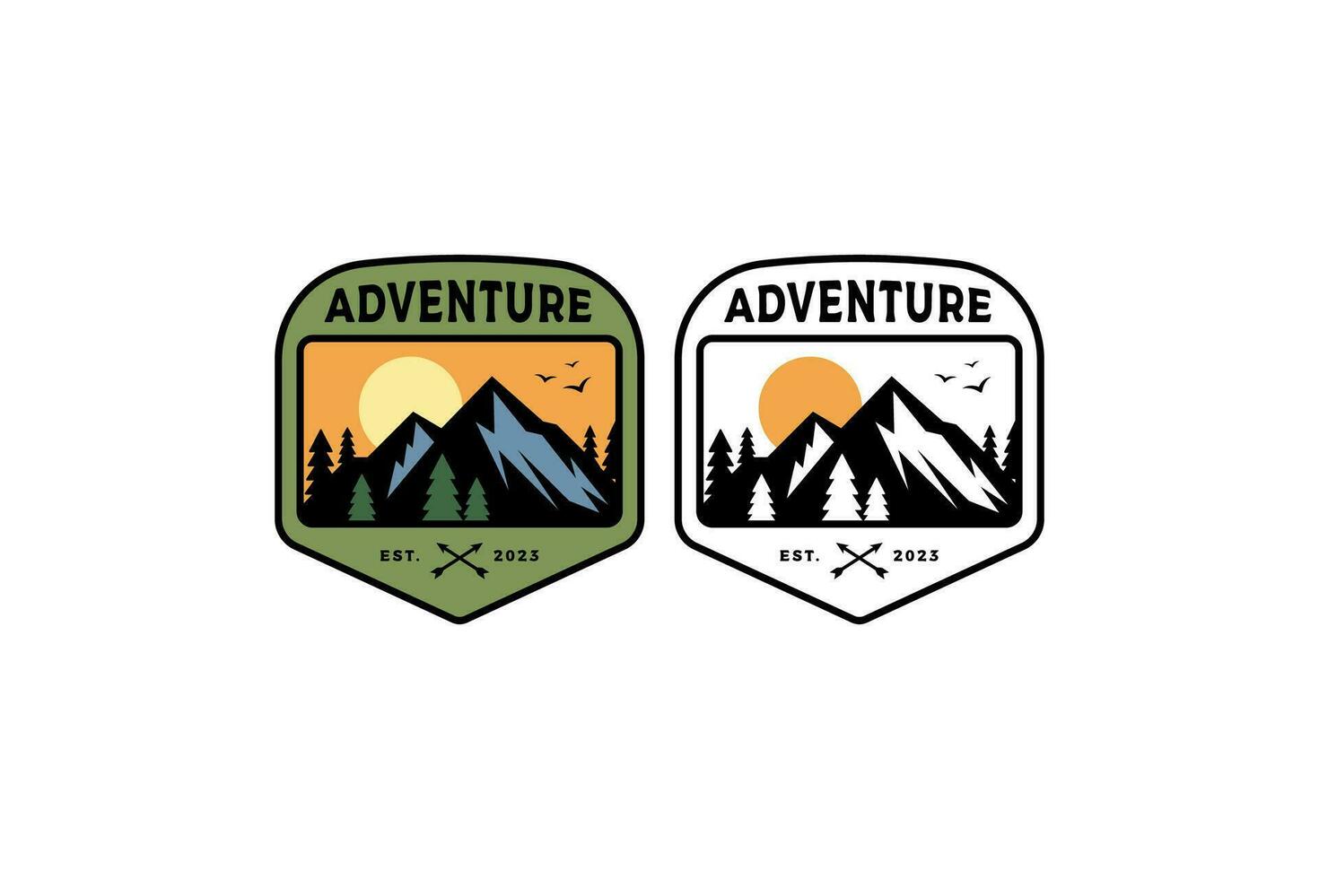 montaña y bosque aventuras logo diseño con puesta de sol paisaje en marco para deporte y aventuras vector