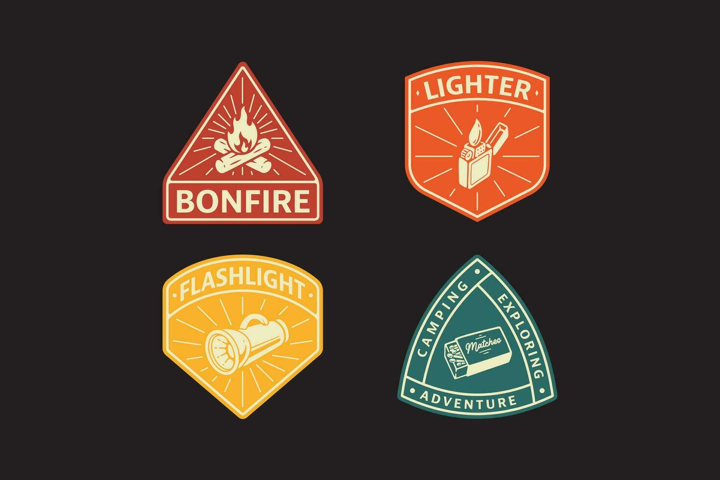 bonfire, lighter, flashlight, match badge logo vector collection for adventure and camping