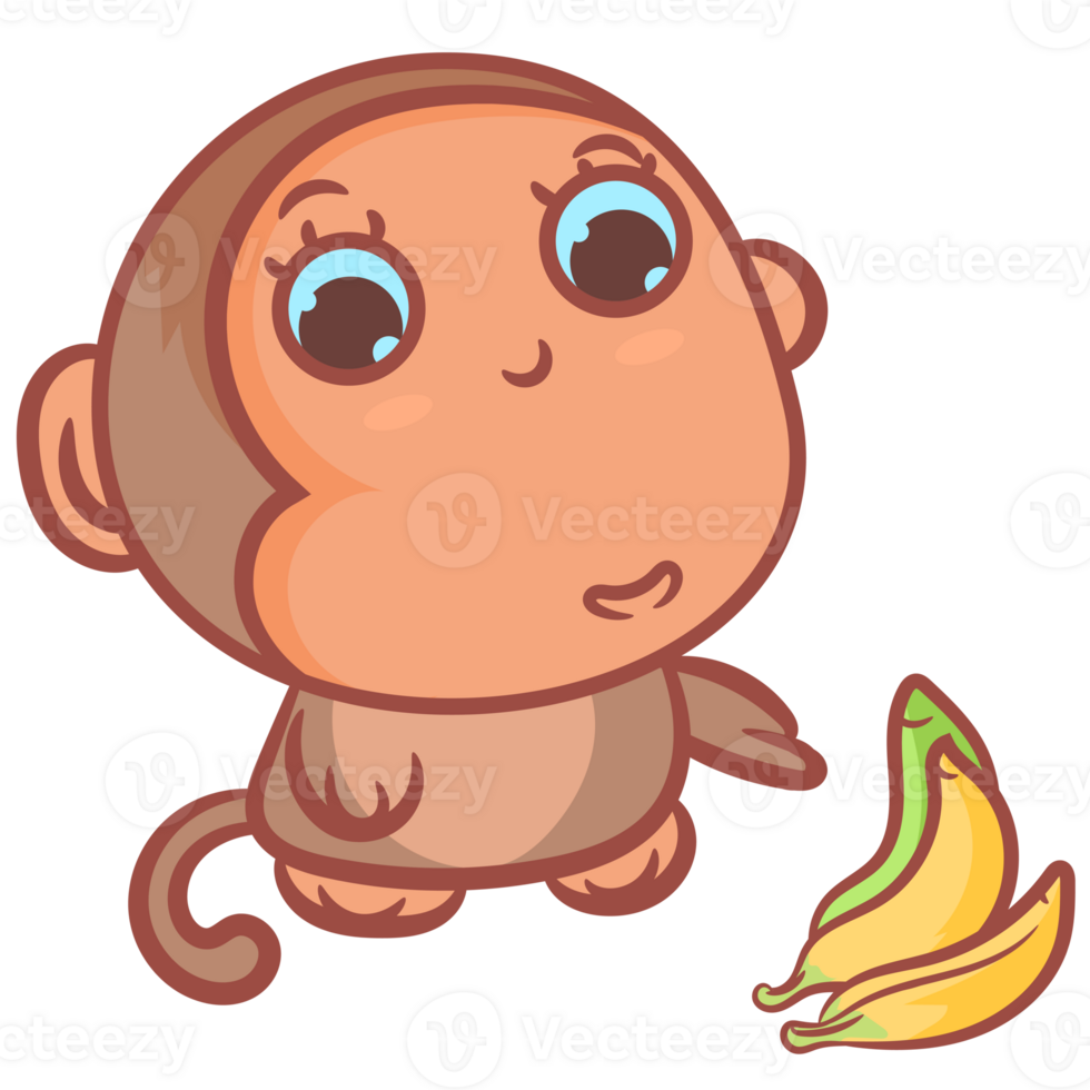 Little monkey hand drawing with banana fruit png