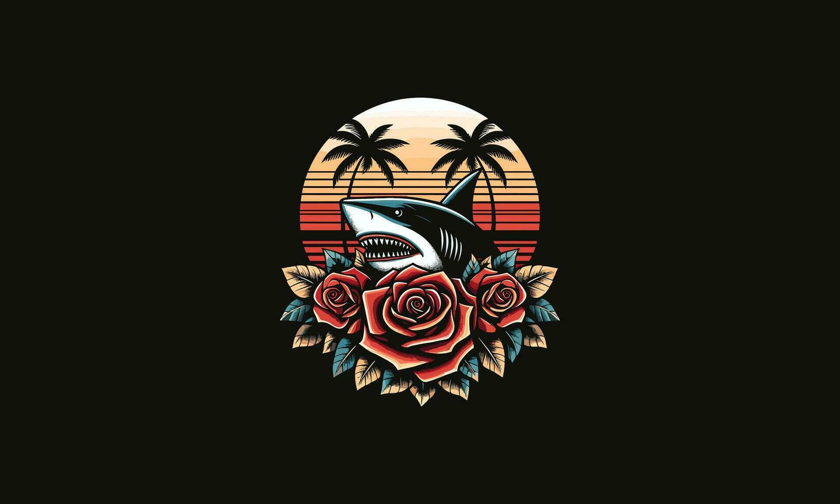 shark and red rose and sea sunset vector artwork design