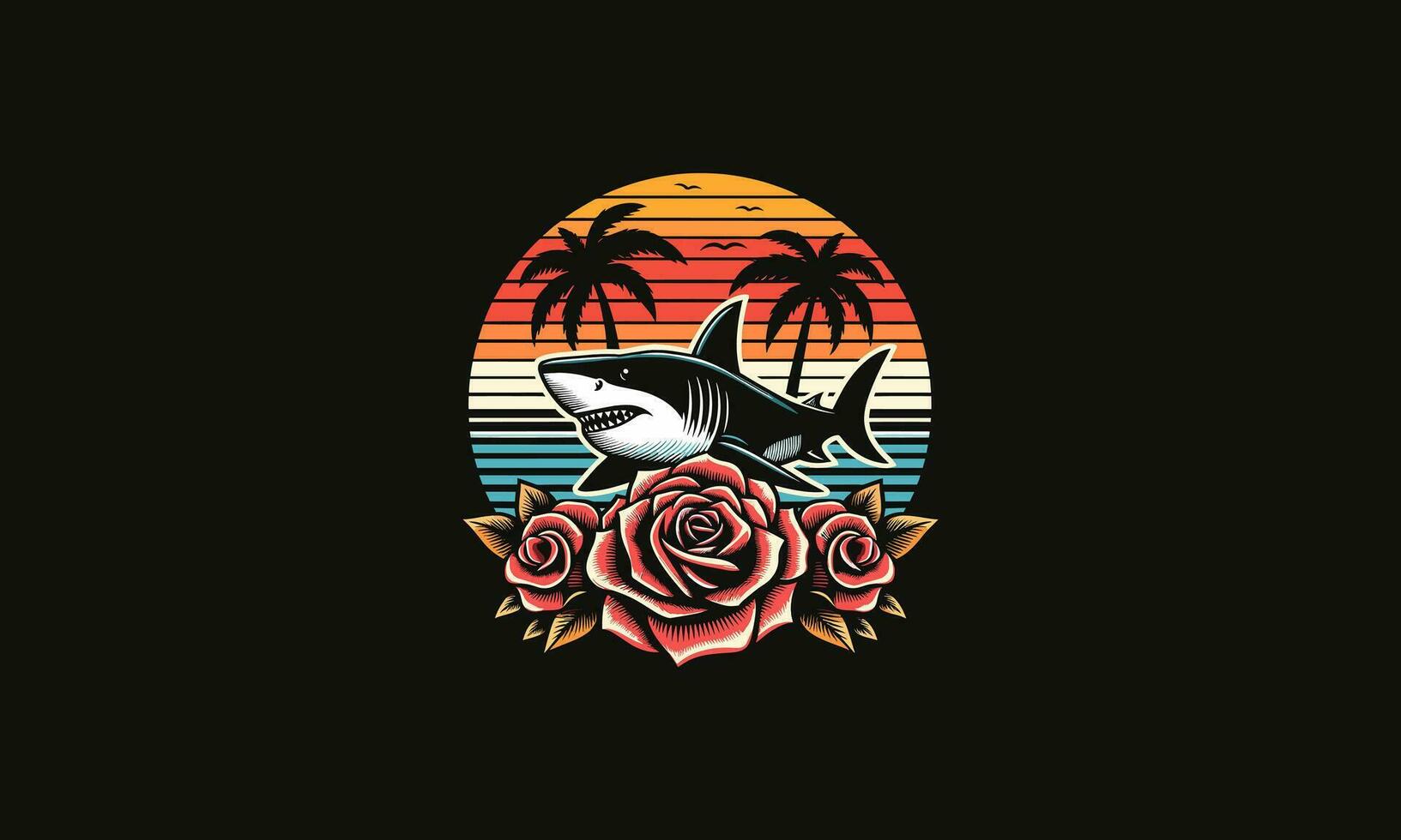 shark and red rose and sea sunset vector artwork design