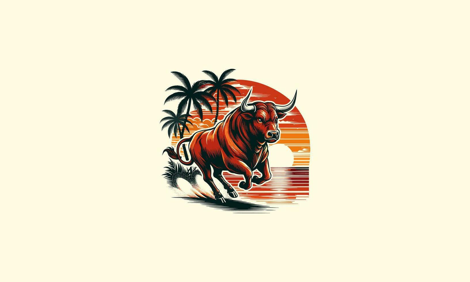 toro corriendo en playa puesta de sol y palma vector plano diseño