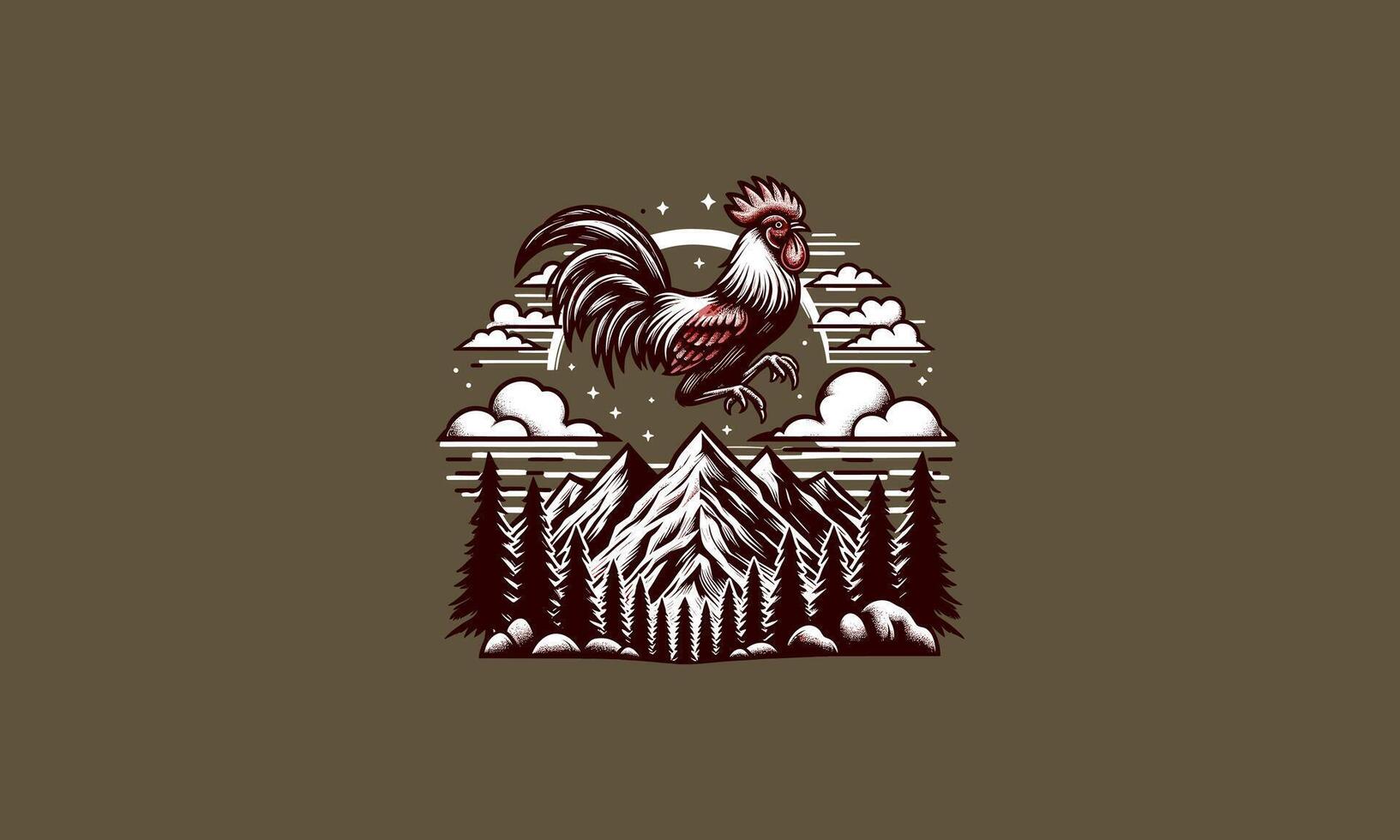 flying rooster on mountain vector mascot design