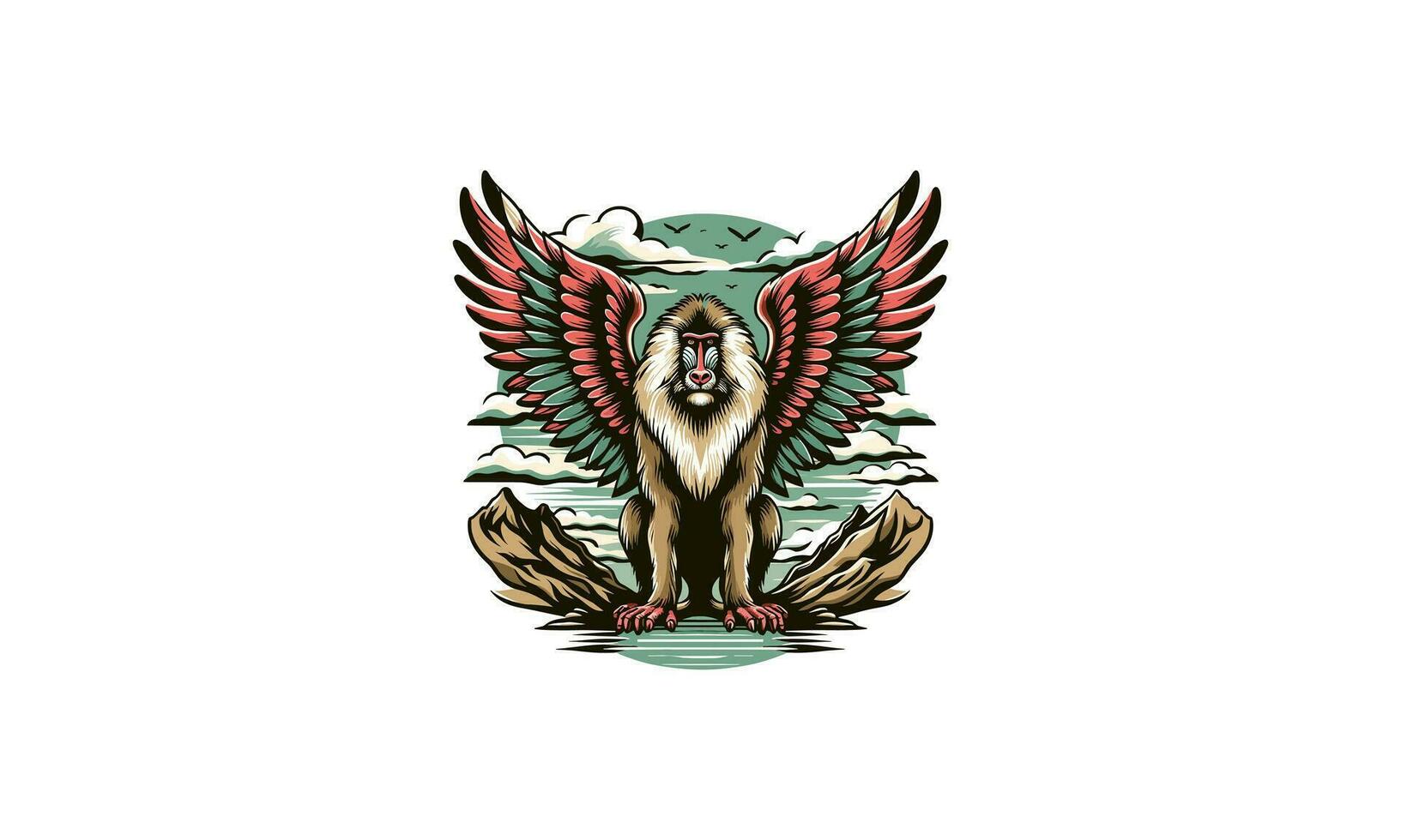 baboon with wings on mountain vector mascot design