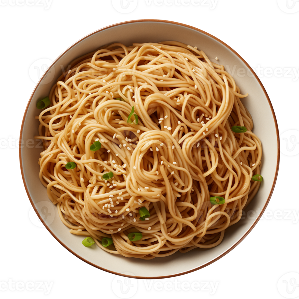 AI generated a bowl of Chinese noodles isolated on a transparent background, top view png