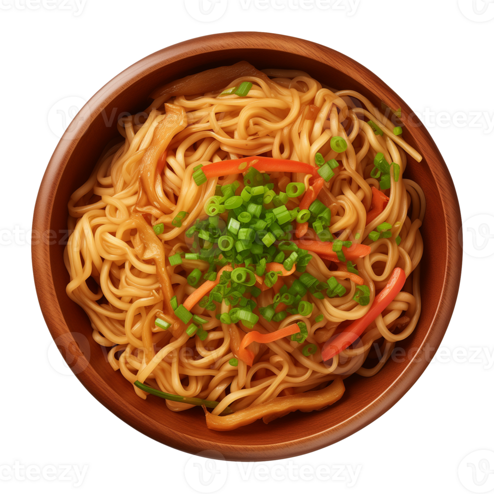 AI generated a bowl of Chinese noodles isolated on a transparent background, top view png
