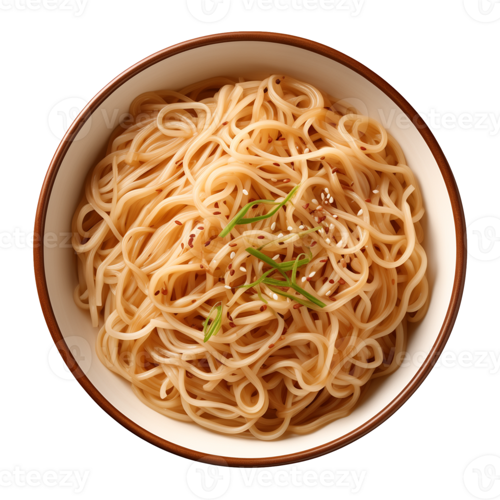 AI generated a bowl of Chinese noodles isolated on a transparent background, top view png