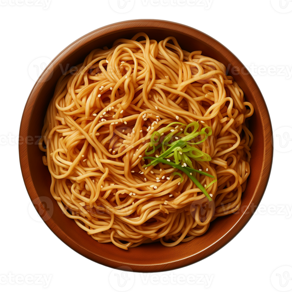 AI generated a bowl of Chinese noodles isolated on a transparent background, top view png