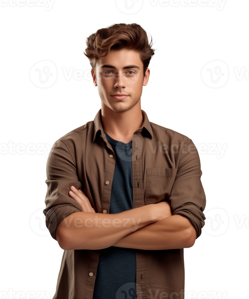 AI generated a young man standing with arms crossed facing the camera isolated on a transparent background png