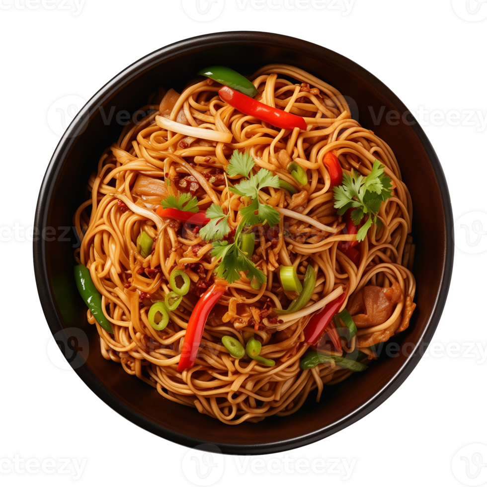 AI generated a bowl of Chinese noodles isolated on a transparent background, top view png