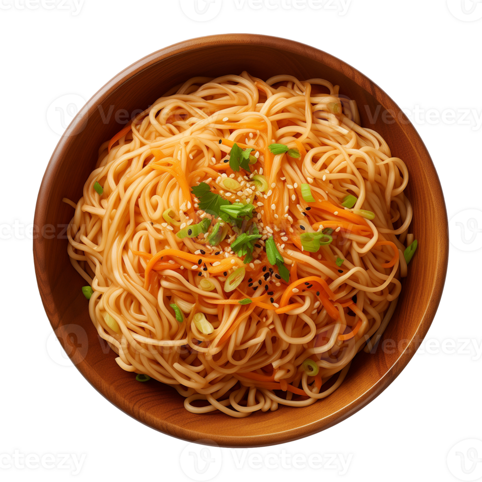 AI generated a bowl of Chinese noodles isolated on a transparent background, top view png