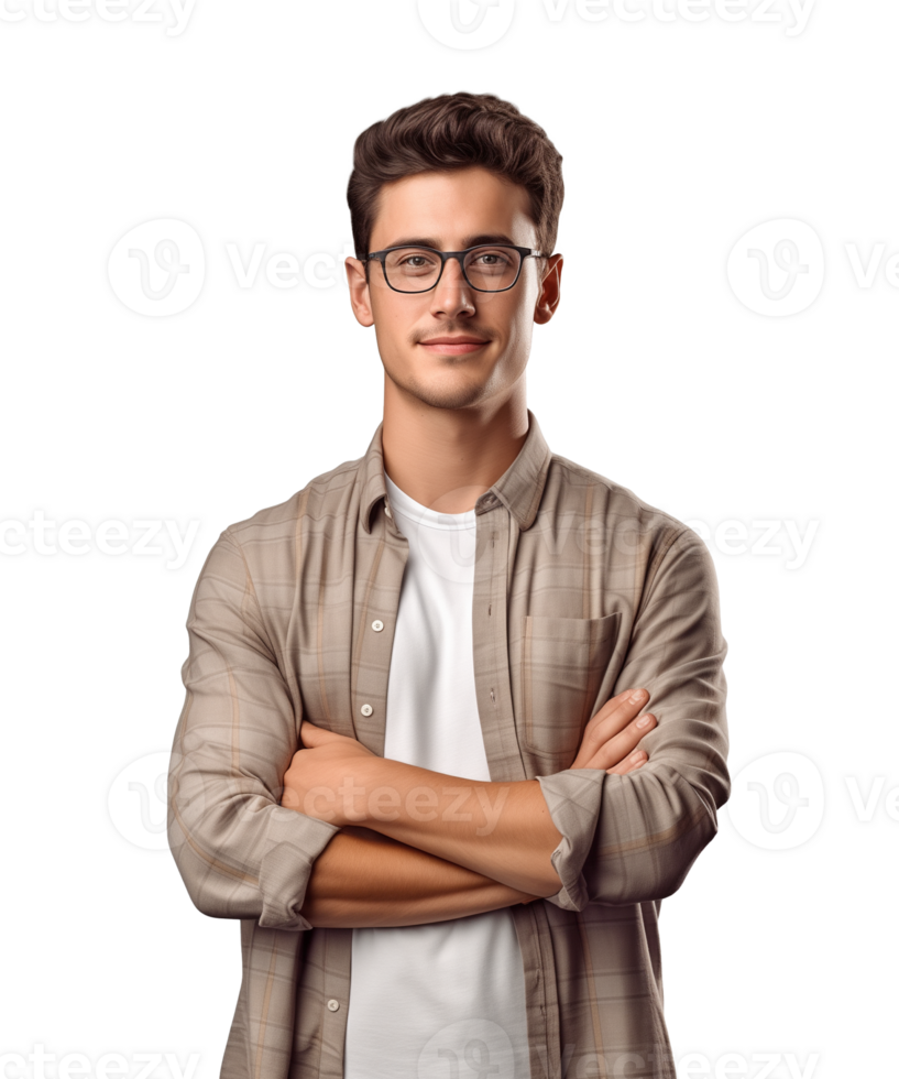 AI generated a young man standing with arms crossed facing the camera isolated on a transparent background png