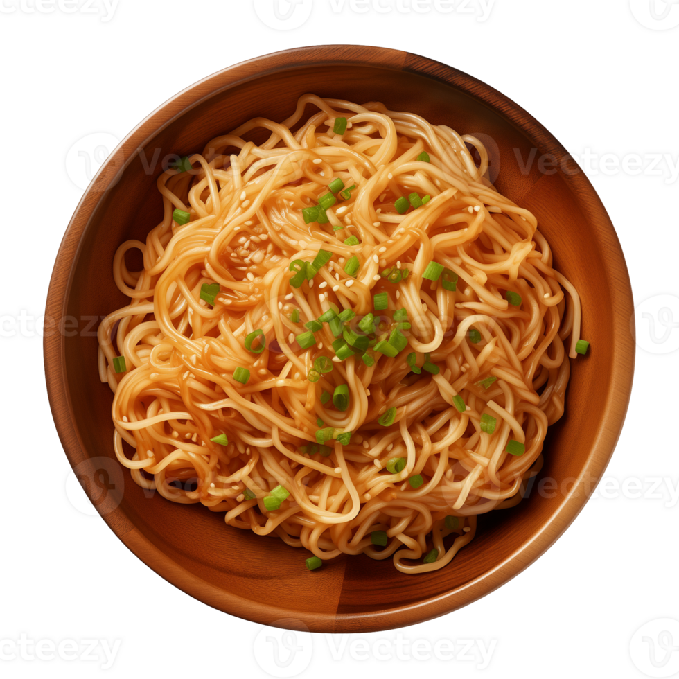 AI generated a bowl of Chinese noodles isolated on a transparent background, top view png