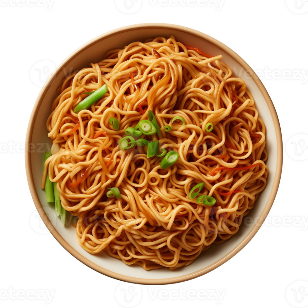AI generated a bowl of Chinese noodles isolated on a transparent background, top view png