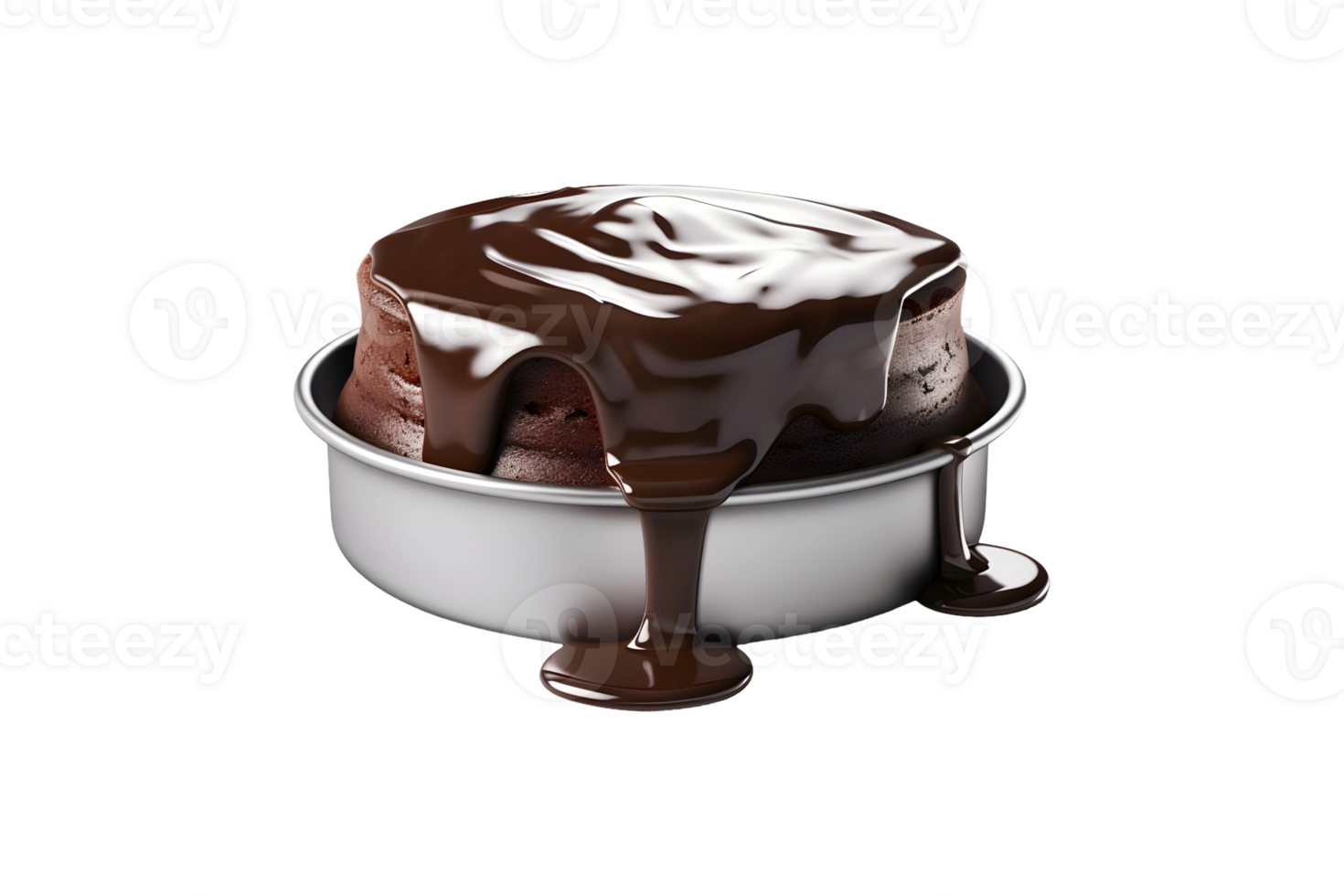AI generated Chocolate cake in pan with chocolate syrup drizzle isolated on transparent background png
