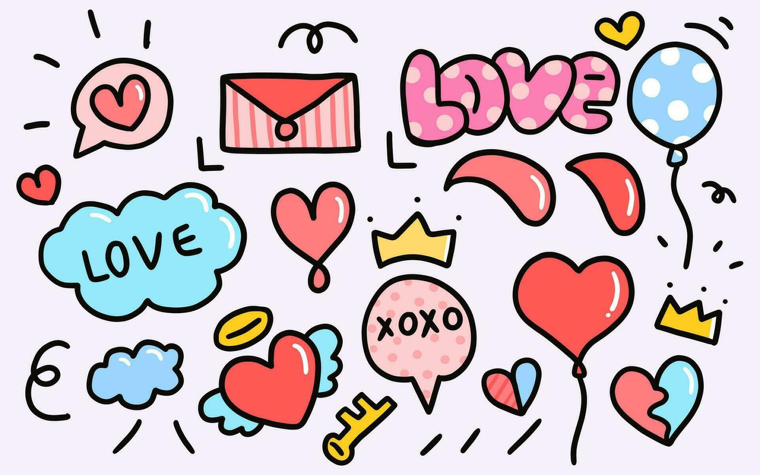 doodle Hand drawn heart cartoon. isolated elements set for Valentine's day vector