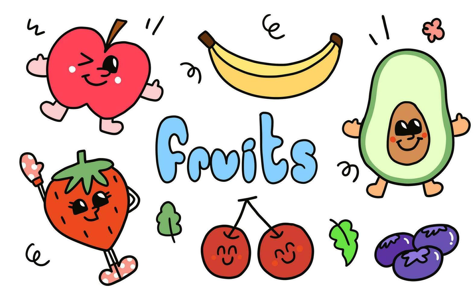 Doodle Hand drawn fruits. isolated elements set vector