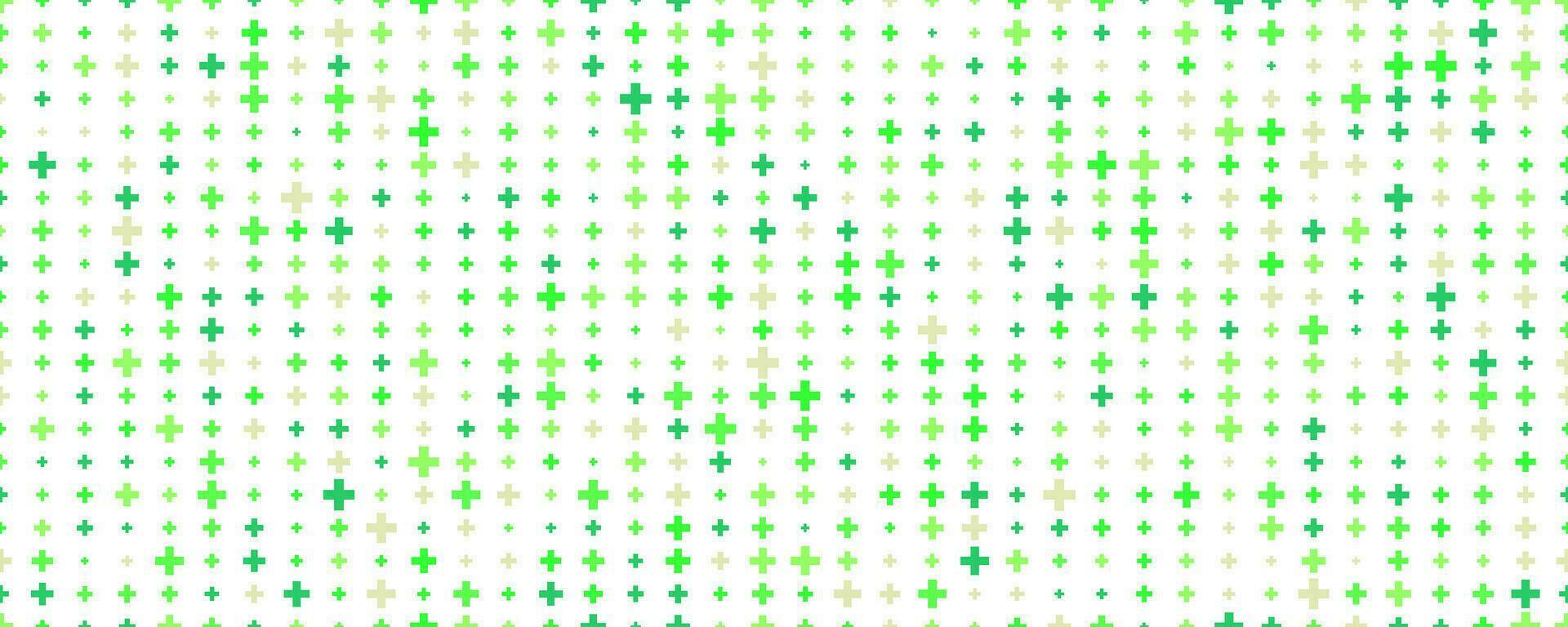 Medical cross and plus background. Abstract seamless green pattern for hospital and pharmacy. Geometrical shapes ornament. Vector backdrop