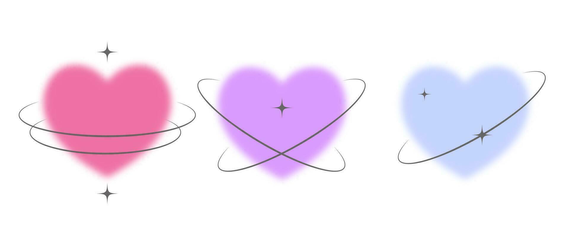 Y2k blurred heart. Gradient aesthetic sticker with stars on orbits. Soft glow effect with aura. Cute smooth futuristic vector collection