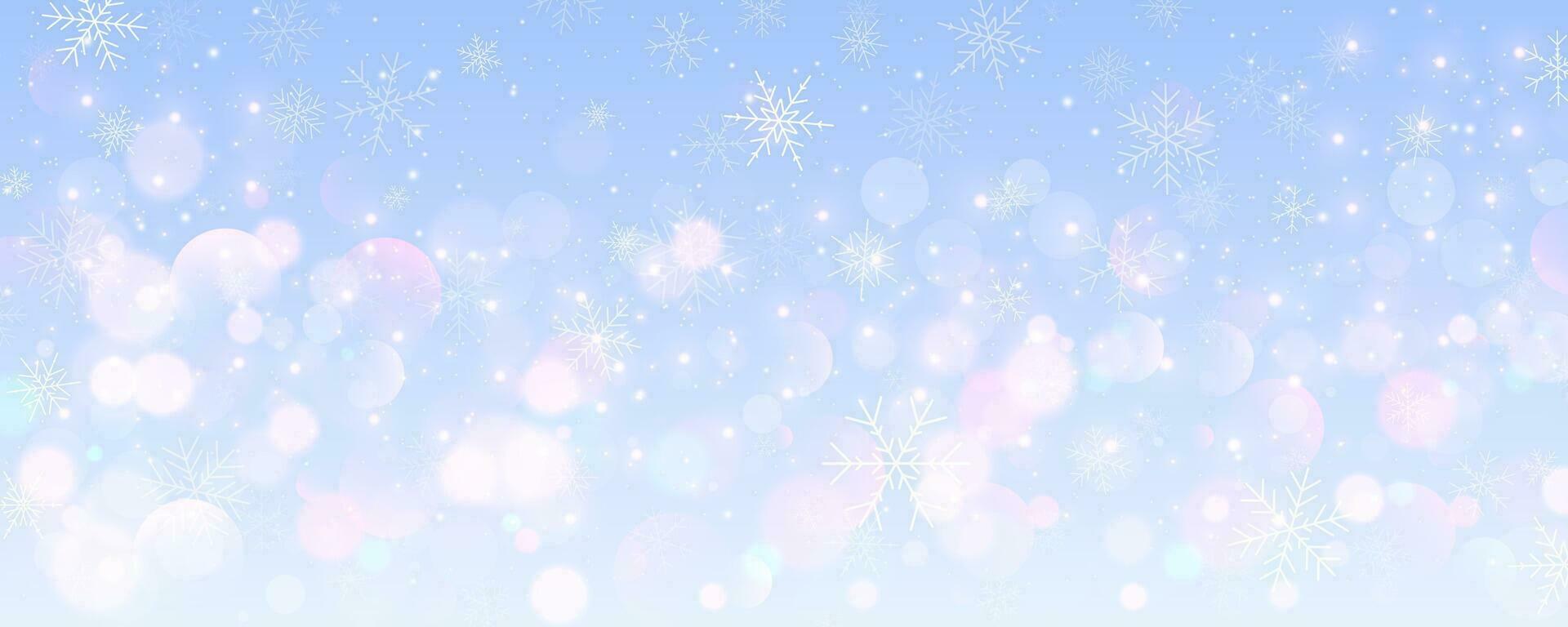 Christmas snowy background. Cold blue winter sky. Vector ice blizzard on gradient texture with bokeh and flakes. Festive new year theme for season sale wallpaper.