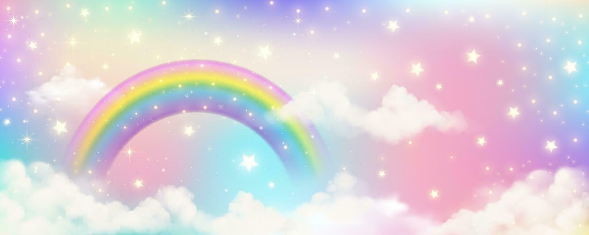 Holographic fantasy rainbow unicorn background with clouds. Pastel color sky. Magical landscape, abstract fabulous pattern. Cute candy wallpaper. Vector. vector